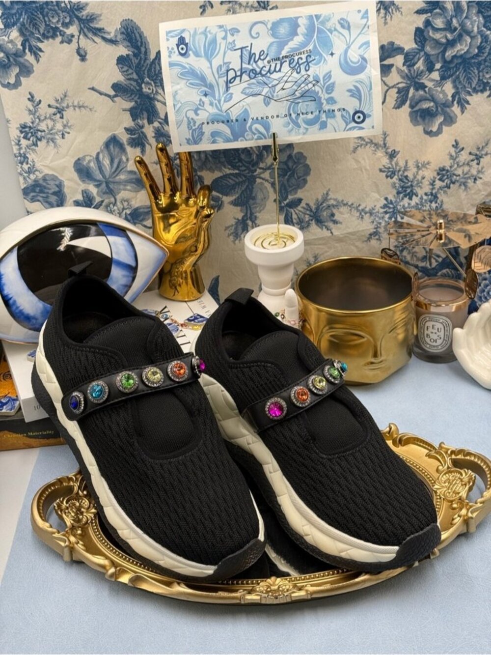🆕 KURT GEIGER LONDON 🧿 NWOB Knit Rainbow Jewel Sneakers, Black - Sz 40.5 US9.5 - Picture 3 of 14